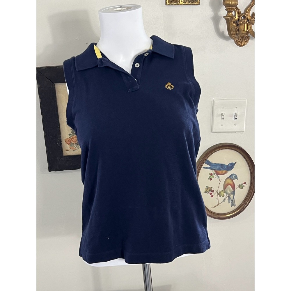 Vintage Ralph Lauren Navy Blue Crest Embroidered Sleeveless Polo Shirt Sz Petite